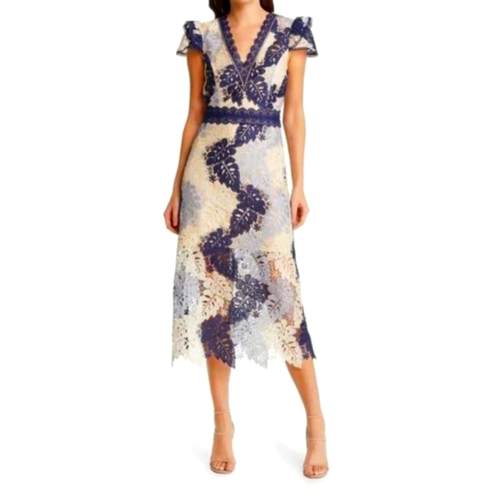 Adelyn Rae Palm Crochet Lace Blue V-Neck Flutter Sleeve Midi Size Dress Size S
